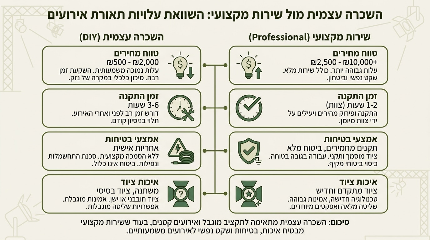 עלויות תאורה לאירועים השוואה בין DIY להשכרה מקצועית